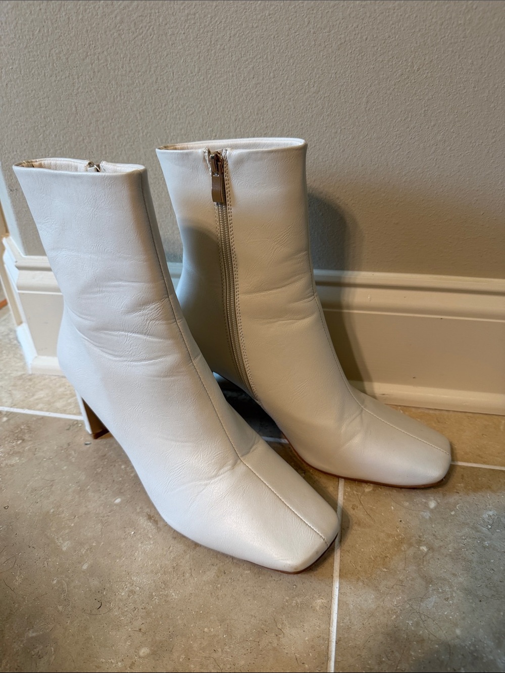 Women’s White Square-Toe Ankle Boots with Side Zip